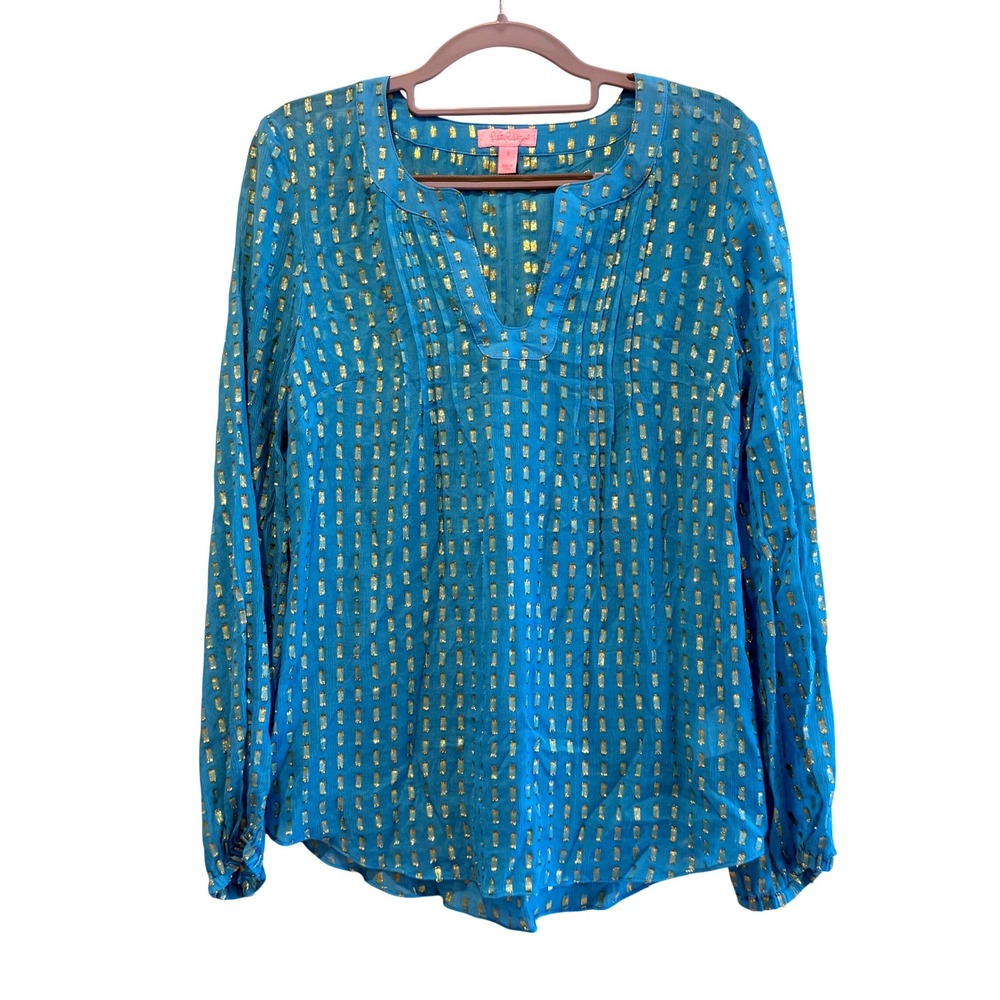Lilly Pulitzer Womens Blue Gold Silk Metallic COLBY Blouse Top 92254 S